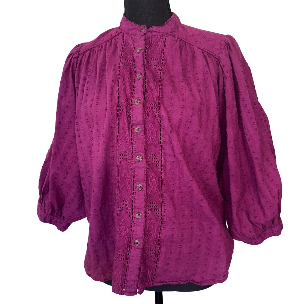 Pilcro Women Small Magenta Boho Embroider‎ Blouse Romantic Puff Sleeve Berry Top